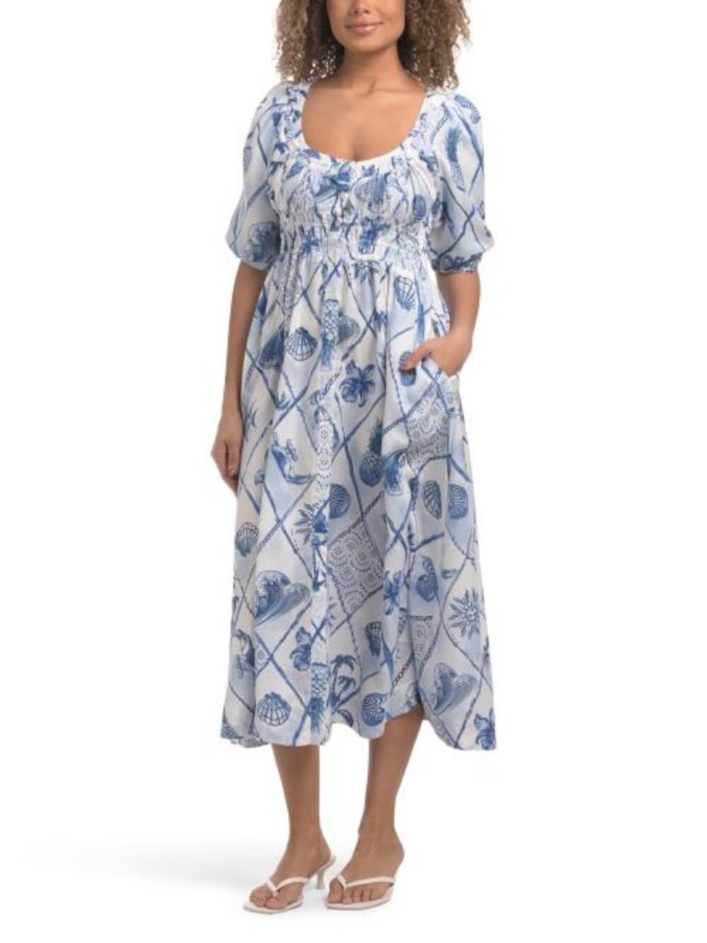 US TOGETHER Coastal Printed Puff Sleeve Midi Dress - Picture 2 of 4
